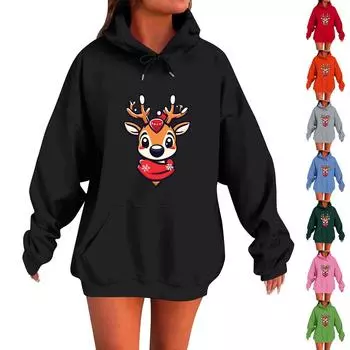 Женская мода O-образный вырез с длинным рукавом и принтом, толстовка с капюшоном M чёрный