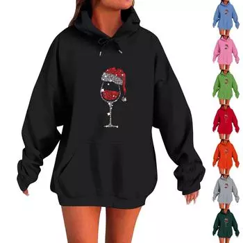 Женская мода O-образный вырез с длинным рукавом и принтом, толстовка с капюшоном L чёрный