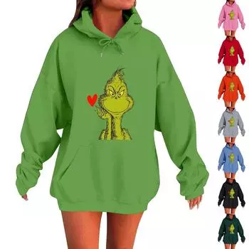 Женская мода O-образный вырез с длинным рукавом и принтом, толстовка с капюшоном L чёрный