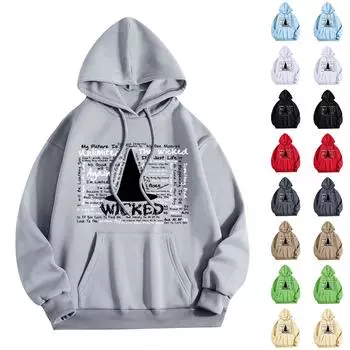 Женская мода O-образный вырез с длинным рукавом и принтом, толстовка с капюшоном L чёрный