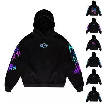 Женская мода O-образный вырез с длинным рукавом и принтом, толстовка с капюшоном L чёрный