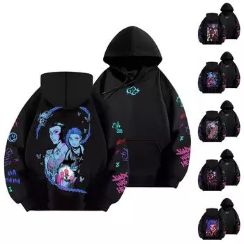 Женская мода O-образный вырез с длинным рукавом и принтом, толстовка с капюшоном L чёрный