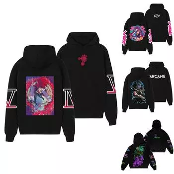 Женская мода O-образный вырез с длинным рукавом и принтом, толстовка с капюшоном L чёрный