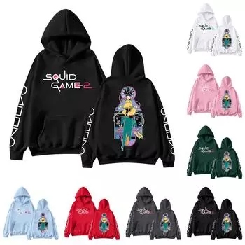 Женская мода O-образный вырез с длинным рукавом и принтом, толстовка с капюшоном L чёрный