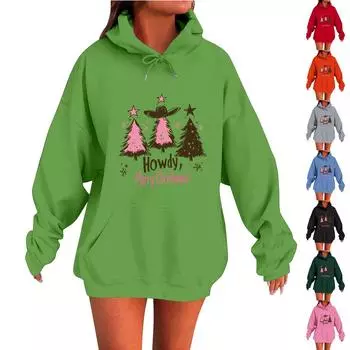 Женская мода O-образный вырез с длинным рукавом и принтом, толстовка с капюшоном M чёрный