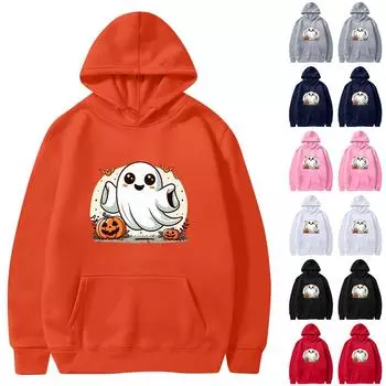 Женская мода O-образный вырез с длинным рукавом Хэллоуин принтованный топ с капюшоном толстовка M серый