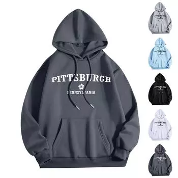 Женская мода O-образный вырез с длинным рукавом и принтом, толстовка с капюшоном M чёрный