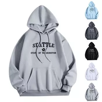 Женская мода O-образный вырез с длинным рукавом и принтом, толстовка с капюшоном L чёрный