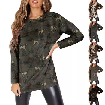 Женская мода O-образный вырез с длинным рукавом рабочая одежда с карманами принтованные топы для женщин M