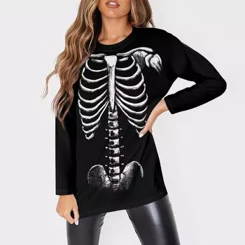 Женская мода O-образный вырез с длинным рукавом рабочая одежда с карманами принтованные топы для женщин M чёрный