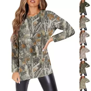 Женская мода O-образный вырез с длинным рукавом рабочая одежда с карманами принтованные топы для женщин XL хаки