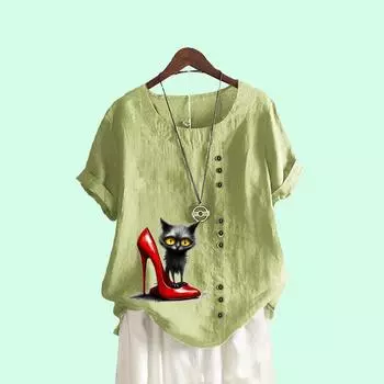 Женская мода O-образный вырез с коротким рукавом, летняя свободная льняная блузка, повседневная футболка с принтом кота S коричневый