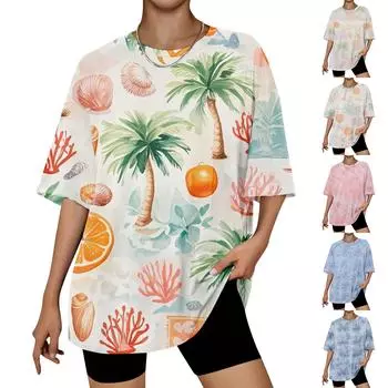 Женская мода O-образный вырез с коротким рукавом рабочая одежда с принтованными топами летние топы для женщин XXL розовый