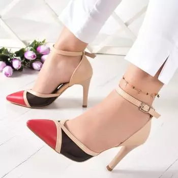 Женская мода Обнаженная красная секционная сетчатая обувь на шпильке Классическая обувь на каблуке