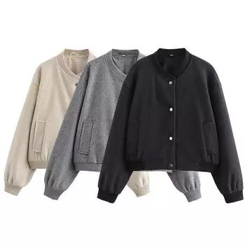 Женская мода однобортные куртки-бомберы, пальто, винтажный O-образный вырез, длинные рукава, женские шикарные женские наряды S чёрный