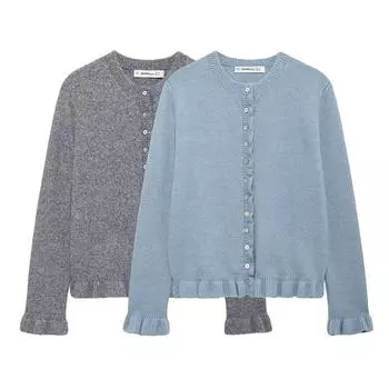 Женская мода однобортный вязаный свитер с оборками, винтажный с круглым вырезом и длинными рукавами, женские шикарные топы для леди L синий