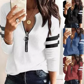 Женская мода, однотонная блузка с v-образным вырезом и молнией, повседневная базовая блузка с длинными рукавами, большие размеры S красный