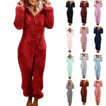 Женская мода, однотонная домашняя плюшевая теплая повседневная пижама с капюшоном, мягкий и удобный комбинезон L чёрный