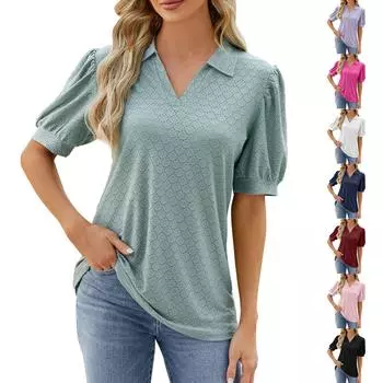 Женская мода, однотонная футболка с лацканами, свободный повседневный топ с короткими рукавами One size чёрный