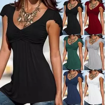 Женская мода, однотонная футболка с рюшами на талии, тонкий пуловер, футболка с короткими рукавами, топ