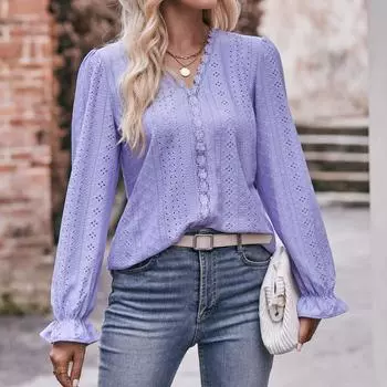 Женская мода, однотонная футболка с v-образным вырезом, повседневный пуловер с длинными рукавами и пуговицами, сексуальный свободный кружевной топ S фиолетовый