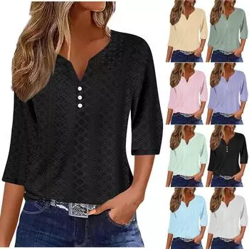 Женская мода однотонная футболка с v-образным вырезом и семью рукавами, повседневная футболка с вырезом на пуговицах L чёрный