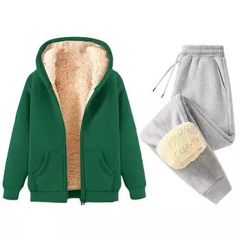 Женская мода однотонная и зимняя утепленная толстовка с капюшоном на молнии, куртка, спортивные штаны, повседневный комплект из двух предметов M зелёный