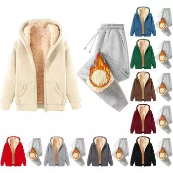 Женская мода однотонная и зимняя утепленная толстовка с капюшоном на молнии, куртка, спортивные штаны, повседневный комплект из двух предметов XXXXXL