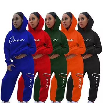 Женская мода, однотонная одежда(ония) Свободный флисовый свитшот с капюшоном и карманом-кенгуру на шнурке, брючный костюм с длинными рукавами XXL чёрный