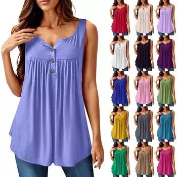 Женская мода, однотонная плиссированная повседневная футболка без рукавов, жилет на пуговицах, топ XXXXL красный