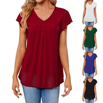 Женская мода однотонная плиссированная повседневная футболка с v-образным вырезом и короткими рукавами