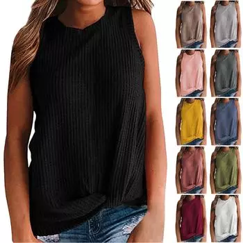 Женская мода однотонная повседневная футболка без рукавов с круглым вырезом и жилеткой XL жёлтый