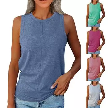 Женская мода, однотонная повседневная футболка без рукавов с круглым вырезом, майка, летний пуловер M синий