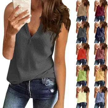 Женская мода, однотонная повседневная футболка без рукавов с v-образным вырезом, топ