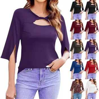 Женская мода, однотонная повседневная футболка с разрезом 3/4 и рукавами 3/4, топ