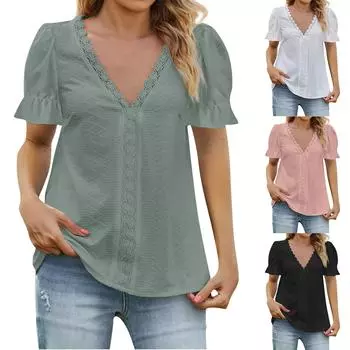 Женская мода, однотонная повседневная кружевная лоскутная футболка с v-образным вырезом и короткими рукавами, топ L чёрный