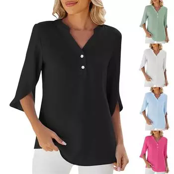 Женская мода, однотонная повседневная шифоновая рубашка с v-образным вырезом и пуговицами, разделенными средними рукавами, топ L чёрный