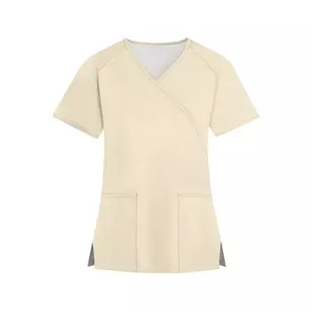 Женская мода однотонная рабочая одежда с v-образным вырезом и короткими рукавами с карманами, топы L бежевый
