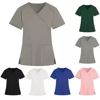 Женская мода однотонная рабочая одежда с v-образным вырезом и короткими рукавами с карманами, топы L чёрный