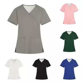 Женская мода однотонная рабочая одежда с v-образным вырезом и короткими рукавами с карманами, топы L белый