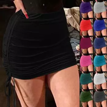 Женская мода, однотонная сексуальная короткая юбка с эластичной резинкой на талии и боковой сборкой на бедрах XL чёрный