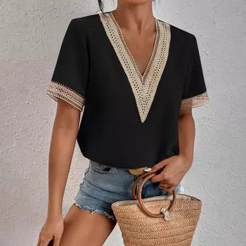 Женская мода, однотонная свободная футболка, кружевной шифоновый топ с короткими рукавами L чёрный