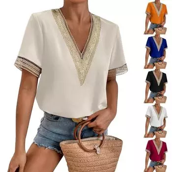 Женская мода, однотонная свободная футболка, кружевной шифоновый топ с короткими рукавами L чёрный