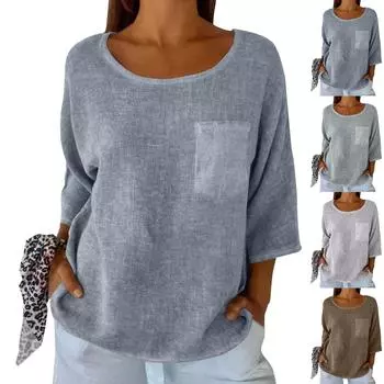 Женская мода однотонная свободная футболка с круглым вырезом и рукавом семь четвертей XXL бежевый