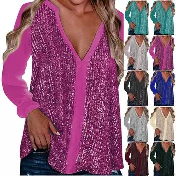 Женская мода однотонная свободная рубашка с V-образным вырезом и длинными рукавами, элегантная повседневная рубашка XXL синий