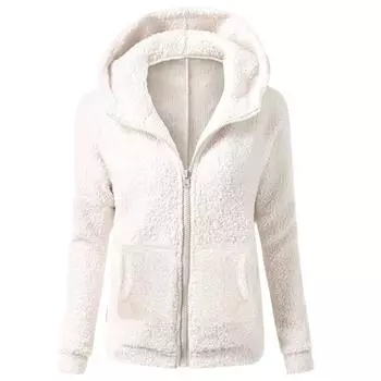 Женская мода, однотонная толстовка, свободная плюшевая куртка с капюшоном на молнии, топ S белый