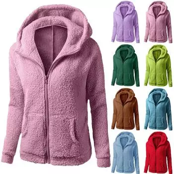 Женская мода, однотонная толстовка, свободная плюшевая куртка с капюшоном на молнии, топ L темно-синий