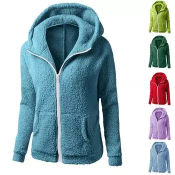 Женская мода, однотонная толстовка, свободная плюшевая куртка с капюшоном на молнии, топ L