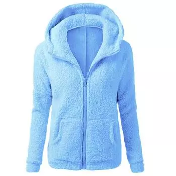 Женская мода, однотонная толстовка, свободная плюшевая куртка с капюшоном на молнии, топ XL синий