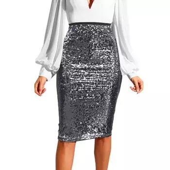 Женская мода, однотонная тонкая юбка-карандаш с высокой талией и пайетками на молнии S винный